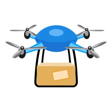 Mavi dağıtım aracı hava yoluyla uçan bir paket taşıyor, otonom robot teknolojisi.