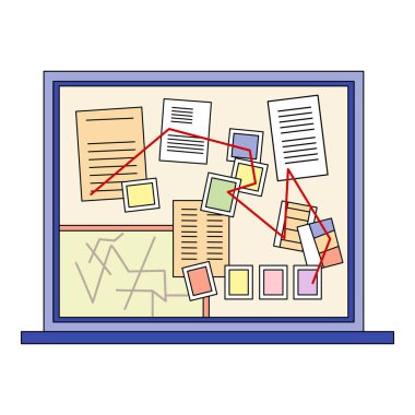 Dedektiflik kurulu, kırmızı dizgi ve beyin fırtınası konseptiyle bağlantılı suç delillerini ve soruşturma ipuçlarını gösteriyor.