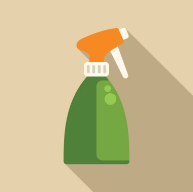 Yeşil ve turuncu plastik sprey şişesi bej arka planda uzun bir gölge bırakıyor.