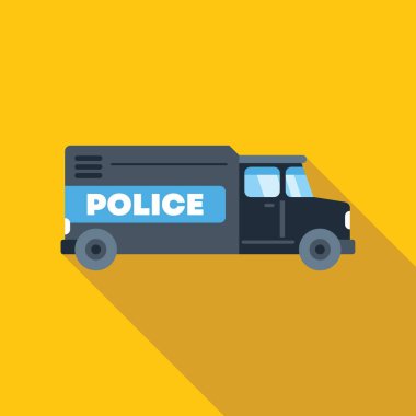 Siyah polis minibüsü sarı arka planda, minimalist düz dizaynlı ve uzun gölgeli.