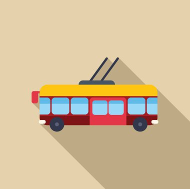 Kırmızı tramvay açık kapılı ve bej arka planda uzun gölgeli.