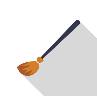 Bir cadı süpürgesinin basit bir vektör çizimi çapraz olarak yatar, beyaz arka planda uzun bir gölge bırakır