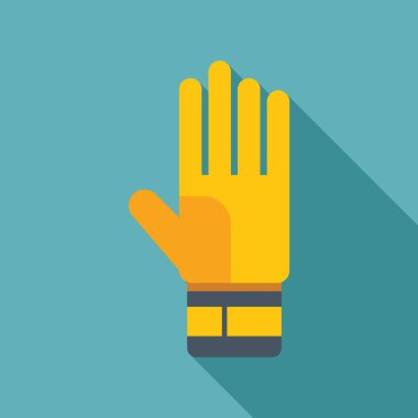 Sarı ve mavi kaleci eldiveni, futbol maçı ikonu sırasında, turkuaz arka planda düz bir şekilde el koruma eldiveni.