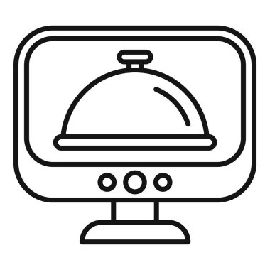 Bu basit vektör çizimi bir bilgisayar ekranında çevrimiçi gıda sipariş ve teslimat kavramını temsil eden bir saat tasvir eder.