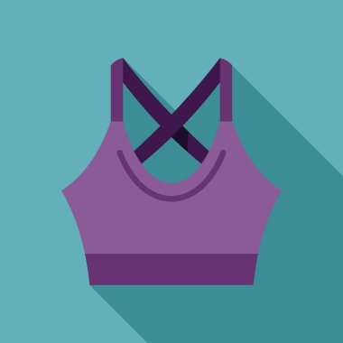 Turkuaz arka planda uzun gölgesi olan mor spor sutyen düz tasarım simgesi