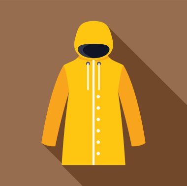 Kapüşonlu sarı yağmurluk, düğmeli kapanış, ve uzun kollu, yağmurdan ve rüzgardan korunma sağlıyor.
