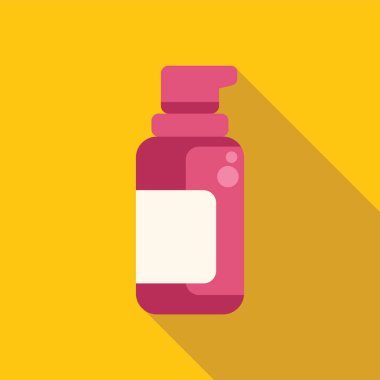 Uzun gölgeli sarı zemin üzerinde duran pembe kozmetik şişesi losyon için ambalaj, vücut sütü