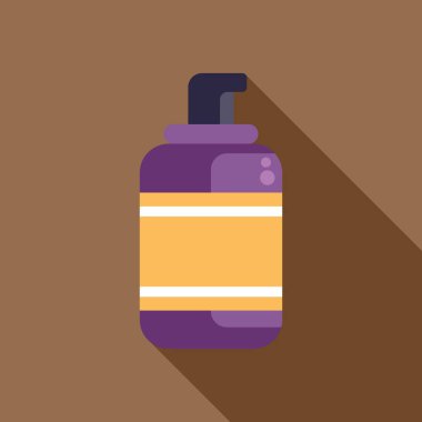 Mor ve sarı duş jeli şişesi kahverengi arka planda uzun bir gölge bırakıyor.