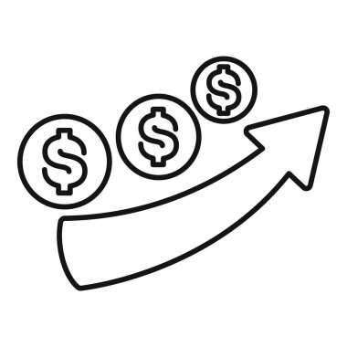 Artan bir gelir akışının çizgi sanat vektörü. Yükselen bir okun üzerindeki dolar sikkeleriyle gösteriliyor.