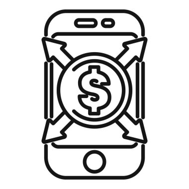 Bu vektör çizimi, bir dolar işareti ve oklarla cep telefonu ve para transferini sembolize eden akıllı bir telefon tasvir ediyor.