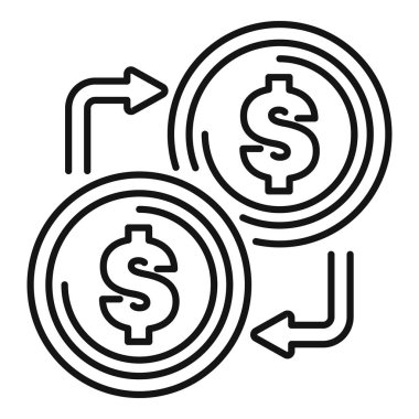 Basit bir çizgi sanat simgesi. Oklarla iki dolar arasında para transferi.