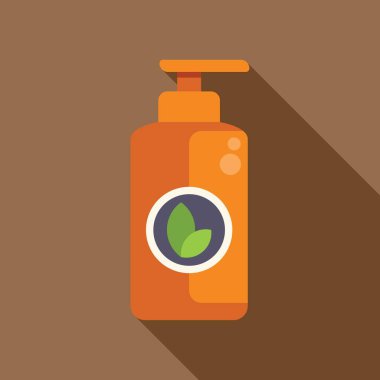 Doğal kozmetik ürünü içeren, beyaz çemberde yeşil yapraklarla süslenmiş turuncu plastik şişe.