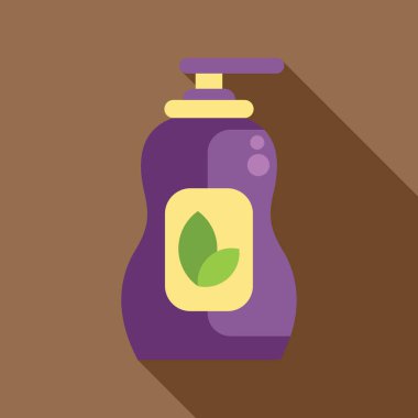 Yeşil yapraklı mor şeker şişesi kahverengi arka planda temizlik ürünü sunuyor.