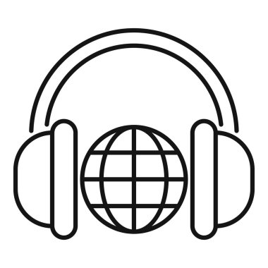 Küresel ses içeriği kavramını temsil eden bir küreyi kapsayan kulaklıkların çizgi çizimi