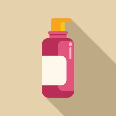 Kozmetik ürünleri, duş jeli, sıvı sabun veya şampuan için pompalı pembe plastik şişe, bej arka planda uzun gölgeli düz bir ikon