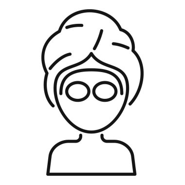 Kafasına havlu takmış bir kadının çizgi çizimi ve cilt tedavisi için gözlerine salatalık dilimleri.