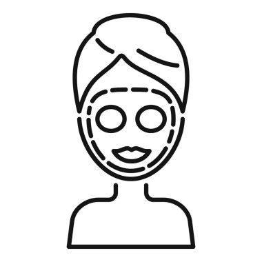 Kafasında havluyla kozmetik maske takan bir kadının basit çizgi simgesi.