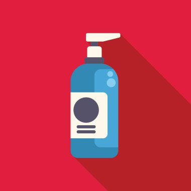 Duş jeli ya da şampuan içeren mavi plastik şişe pompası, minimalist tasarımı ve kırmızı arka planda uzun gölgesi var.