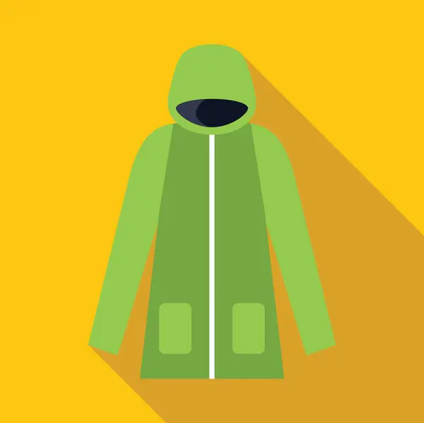 stock vector Green winter jacket with hood protecting from cold weather flat design icon with long shadow on yellow background