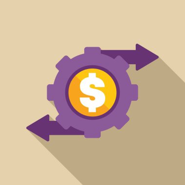 Purple gear with a gold dollar sign is generating a continuous income stream, as represented by the two arrows clipart