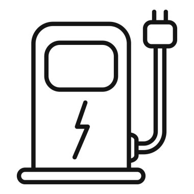 Bu basit siyah beyaz simge, sürdürülebilir enerji ve çevre dostu ulaşımı sembolize eden bir elektrikli araç şarj cihazını temsil ediyor.