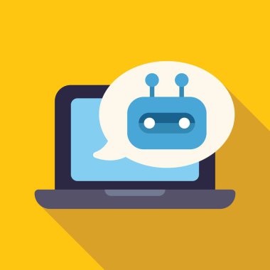 Chatbot, online müşteri desteğini temsil eden dizüstü bilgisayar ekranında konuşma balonu şeklinde konuşuyor.