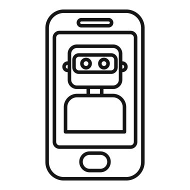 Bu simge tasarımı akıllı telefon ekranında bir sohbet robotunu temsil eden bir robot karakteri tasvir eder