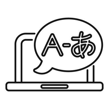 Laptop Japonca çeviri uygulaması arayüzü olan bir konuşma balonu gösteriyor, çevrimiçi dil öğrenmesini temsil ediyor.