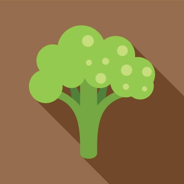 Kahverengi arka planda uzun bir gölgesi olan yeşil bir brokolinin basit düz tasarım simgesi. Sağlıklı yemek çizimleri için mükemmel.