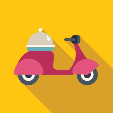 Pembe motosiklet, üzerinde sarı bir kapağı olan yemek tepsisi taşıyor, uzun gölge tasarımı.
