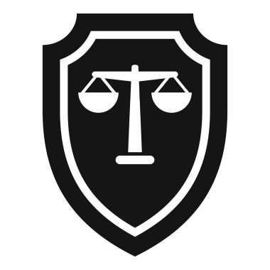 Adalet ölçeğini koruyan bir kalkanın basit vektör simgesi, kanun uygulama kavramını temsil ediyor.