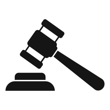 Adalet, hukuk ve mahkeme kararlarını sembolize eden, sağlam bir bloğa vuran hakimlerin siyah ve beyaz vektör simgesi