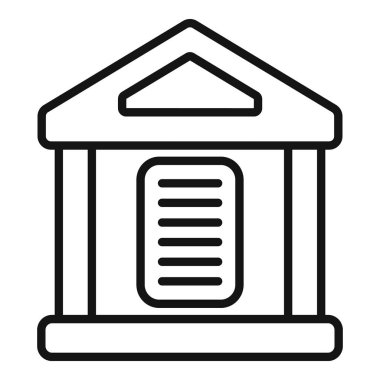 Bir banka binasının ön cephesinin basit çizgi sanat simgesi. Sütunları ve kapalı kapısı var. Finans ve bankacılık sembolize ediliyor.