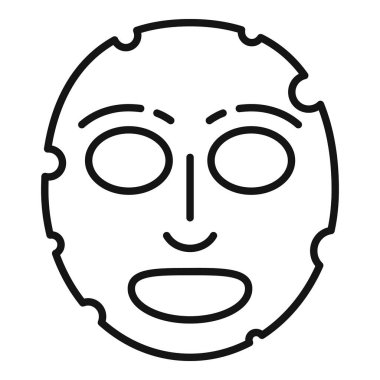 Kozmetik yüz maskesi açık ağız simgesiyle gülümsüyor. Beyaz arkaplanda izole edilmiş taslak biçiminde.