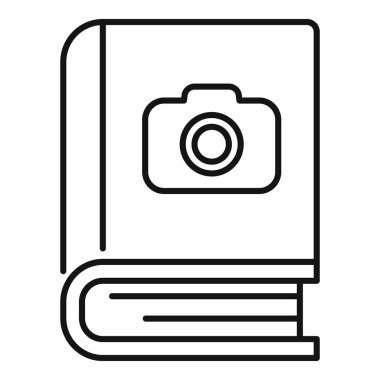 Kamera simgesi olan bir fotoğraf albümü kapağının minimalist çizgi çizimi, fotoğraf kitabı veya fotoğraf albümünü çağrıştırıyor