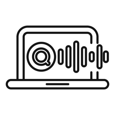 Ses dalgası simgesi ile ses aramasını gösteren dizüstü bilgisayar, ses etkinleştirilmiş arama motoru kavramını temsil ediyor