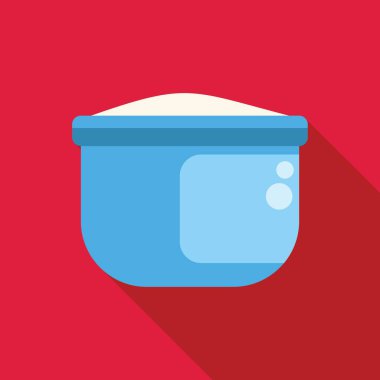 Kırmızı arka planda uzun bir gölgeyle pişmiş pilav içeren mavi pilav fırını tasviri