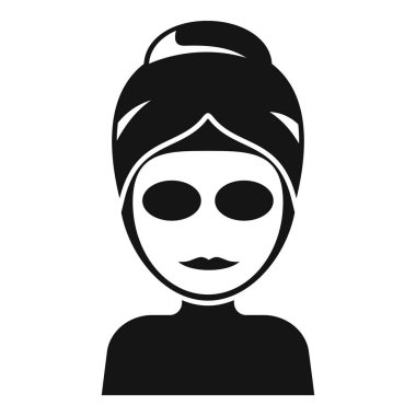 Cilt tedavisi için kozmetik maske takan bir kadının beyaz arka planda izole edilmiş basit bir vektör simgesi.