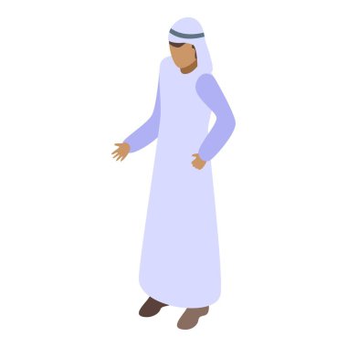 Geleneksel giysiler içindeki Arap adam, el izometrik karakteriyle el kol hareketi yapıyor.