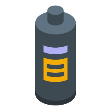 Koyu gri saç spreyi şişesi, beyaz arka planda duran sarı ve mor etiketli.