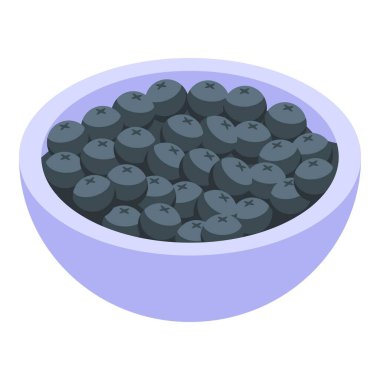 Bu izometrik ikonda sulu, olgun yaban mersinleriyle dolu bir seramik kase var.