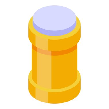 Sarı plastik ya da metal kap, mavi kapaklı, kapalı, izometrik bir görünümde gösteriliyor