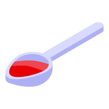 Bu izometrik ikon kırmızı sıvı ilaç içeren bir kaşık içeriyor, potansiyel olarak öksürük şurubunu veya benzer bir tedaviyi temsil ediyor.