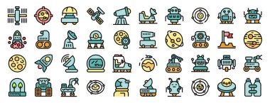 Uzay keşfi ve kolonileştirme simgeleri seti, özet biçimi