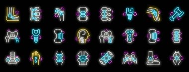 Bu neon ikonlar kümesi vücudun farklı kısımlarını, kemiklerini ve eklemlerini ve ortopedide kullanılan tıbbi aletleri gösterir.