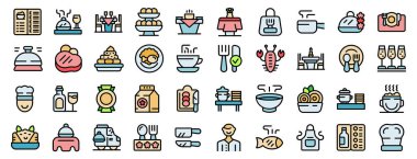 Şef, restoran menüsü için lezzetli yemekler hazırlıyor. Çeşitli yiyecek ve içecek ikonları ince çizgi şeklinde.