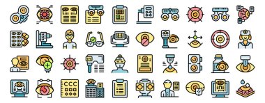 Optometrist checking patient eyesight with modern equipment icons set. Editable stroke clipart