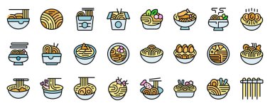Ramen simgeleri ayarlandı. Beyaz arka planda izole edilmiş web tasarımı için ramen vektör simgelerinin anahat seti