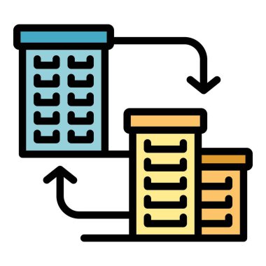Bu simge, büyük bir ofis binasından iki küçük şirkete taşınarak merkezi olmayan ve küçülen bir şirketi gösteriyor.