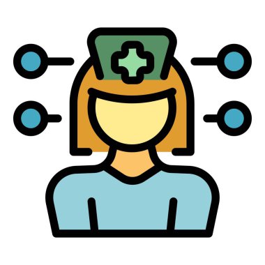 Üniforma giyen kadın hemşire ve tıbbi haçlı bir şapka birçok görevi temsil eden ikonlar tarafından çevrelenmiştir.